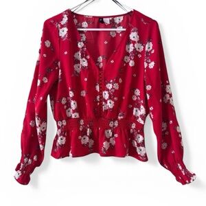 H&M Divided Red Floral V-Neck Peplum Blouse